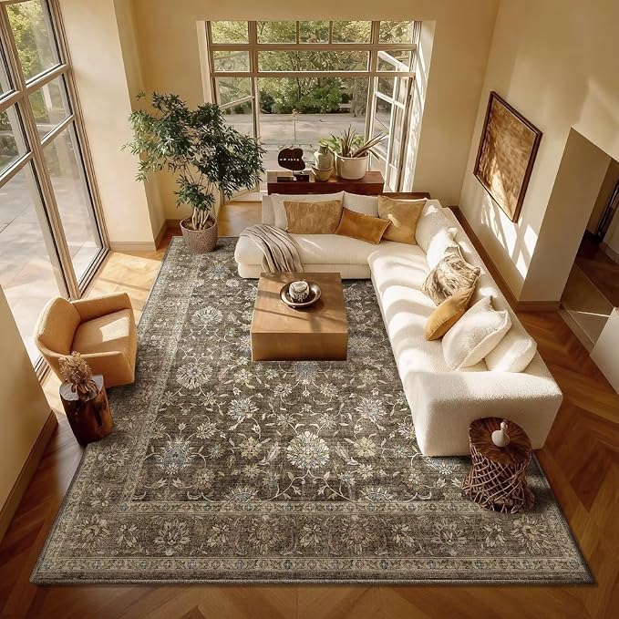 Boho Washable 8x10 Area Rugs for Living Room, Cushioned, Tan/Flaxen | Vintage Non-slip Neutral Oriental Rugs for Bedroom Dining Room Nursery Office High Traffic Area