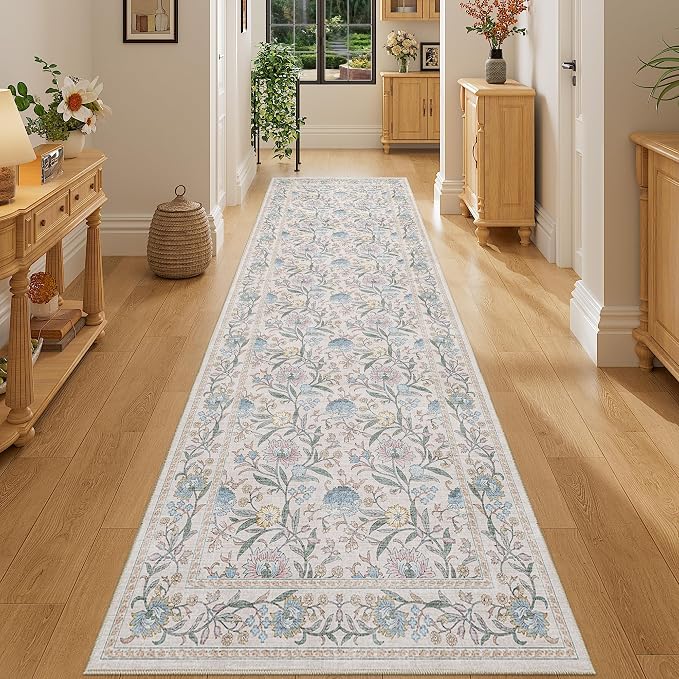 DUKINO 2.6x8 Runner Rug, Washable Vintage Floral Kitchen Runners Cream Blue | Non Slip, Low Pile, Non-Shedding Soft Carpet for Hallway Bathroom Laundry Entryway Bedroom Farmhouse, Kids and Pets Friendly