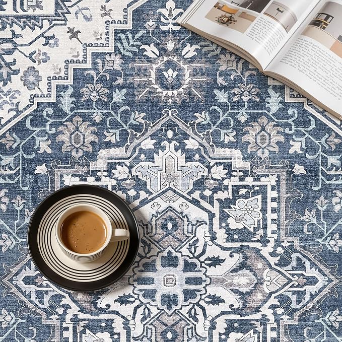 UERMEI 9x12 Area Rug for Living Room - Washable Vintage Carpet, Non-Slip Soft Large Indoor Floor Rugs for Bedroom Home Office & Under Dining Table Decor, Denim Blue/White