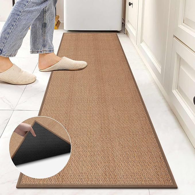 7ft Natural Jute Hallway Runner Rug Non Slip Washable, Rubber Backed Long Indoor Entryway Runner, Absorbent Kitchen Carpet Sink Rug, Camel