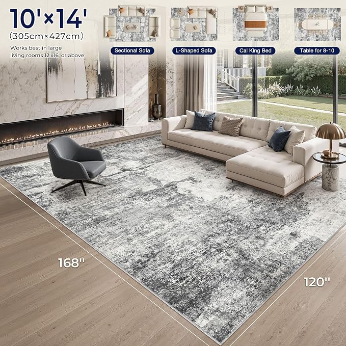 DMOYEST 10x14 Area Rug for Living Room, Washable & Non Slip Large Indoor Carpet, Kid & Pet Friendly Soft Thin Low Pile Abstract Rug for Bedroom and Office - Grey