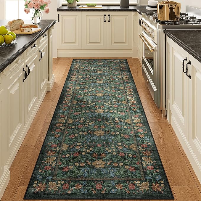 DUKINO 2.6x8 Runner Rug, Washable Vintage Floral Kitchen Rug, Green | Non Slip, Low Pile, Non-Shedding, Stain Resistant, Soft Throw Carpet Runner for Hallway Bathroom Laundry Entryway Farmhouse