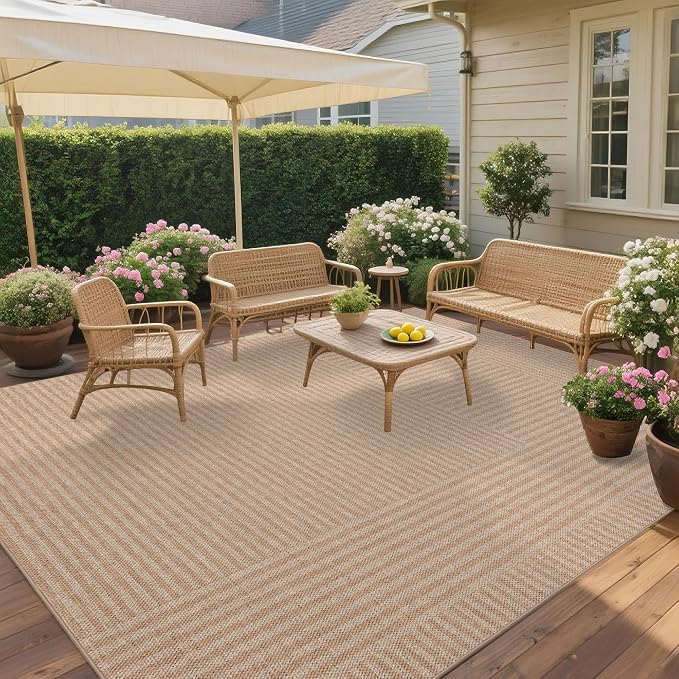Easy Jute Rug for Pet Homes: 8x10 Outdoor Rug - Beige Stripes | Washable Design Cuts Your Cleaning Time by 75% and Maintain Shape and Texture after 50 Washes