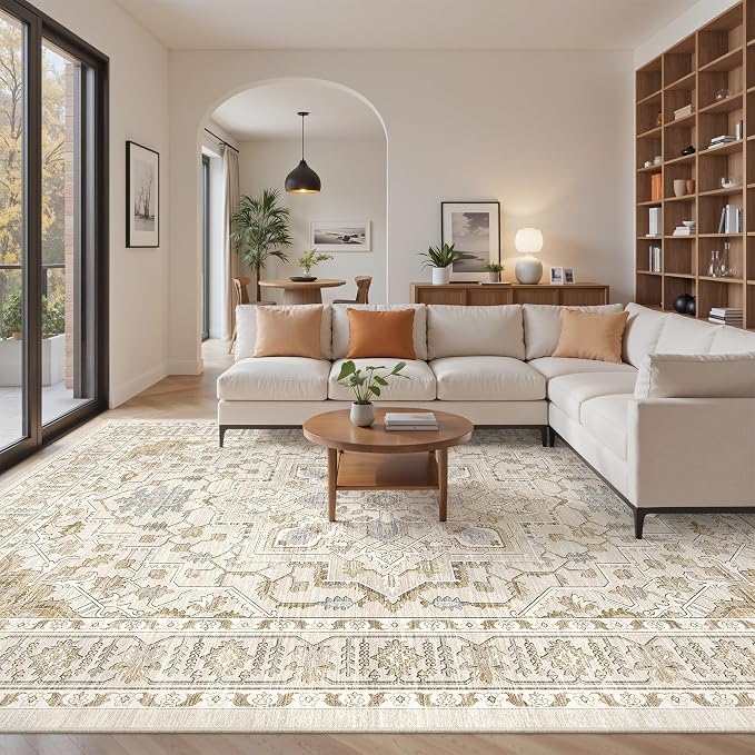 befbee 8x10 Area Rug for Living Rooms, Stain Resistant Neutral Washable Rugs for Dining Rooms, Floral Vintage Non-Slip Thin Large Size Area Rugs(Beige)