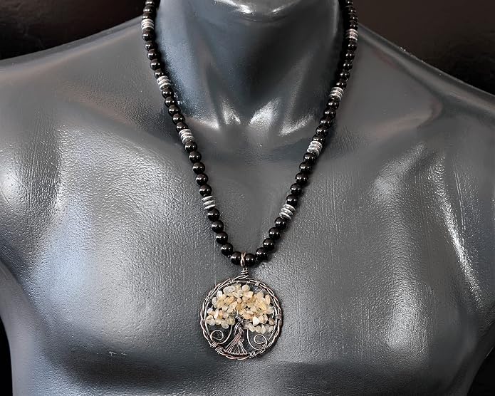 ElisaJewelryArt - Natural Amethyst Big Tree Of Life Pendant Black Onyx Stone Beaded Necklace Genuine Gemstone Feng Shui Stone Clasp Closure Necklace Unisex Necklace