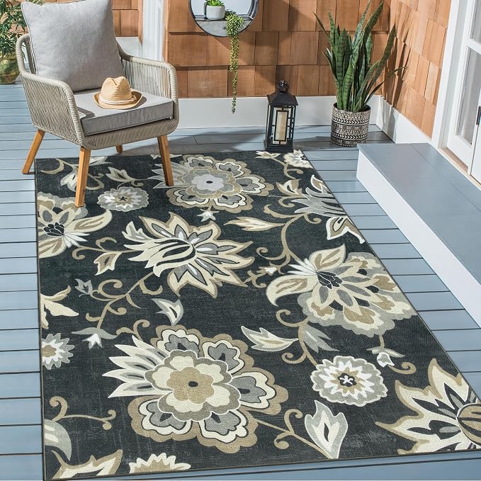 Lahome Floral Indoor Outdoor Rug, 5x8ft Non-Slip Outdoor Patio Rug for Camping Picnic, Portable Outdoor Carpet for Balcony Deck Backyard, Washable RV Mat Outdoor Rugs for Living Room Bedroom,Black