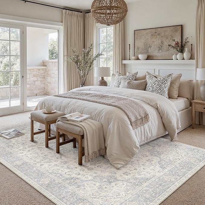PureCozy 5x7 Area Rug Washable Neutral Gray Vintage Floral | Non Slip, Soft Low Pile, Indoor Carpet for Bedroom, Living Room, Dining Room, Farmhouse Decor