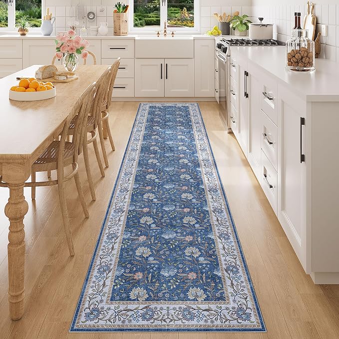 DUKINO 2x8 Runner Rug, Washable Vintage Floral Kitchen Rugs, Sky Blue | Non Slip, Low Pile, Stain Resistant Aesthetic Soft Carpet Runner for Hallway Bathroom Entryway Bedroom Farmhouse Laundry Room