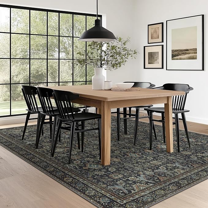 BESBLEE 10X14 Area Rugs Machine Washable Rugs for Living Room, Vintage Boho Large Rugs for Bedroom Dining Room, Non Slip Indoor Soft Distressed Lightweight Thin Low Pile Carpet, Black