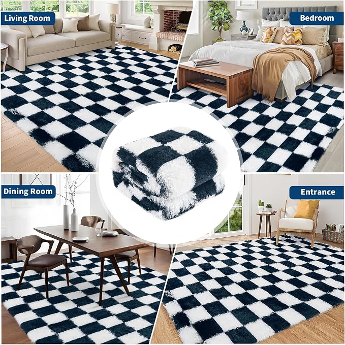 Garvee Checkered Fluffy Runner Rugs 2x6 Fluffy Fuzzy Shag 2x6 Runner Rug for Hallyway Non-Slip Ultra Soft Checkered Fluffy Rugs for Girls Kids Room Shag Plush Rug for Teen Room Decor Bedroom,Blue