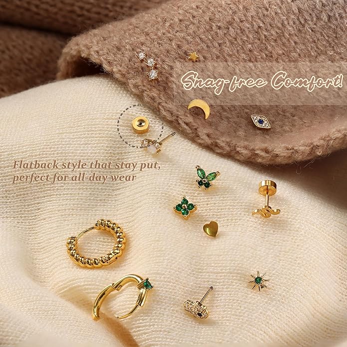 KRFY 25Pcs/17 Pairs Hypoallergenic Surgical Steel Earrings for Sensitive Ears 14K Gold Plated Flat Back Cartilage Earrings for Women Men Screw Back Flatback Stud Hoop Earring Set for Multiple Piercing
