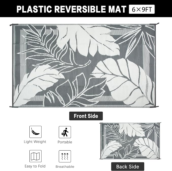 HUGEAR 6'x9' Outdoor Rug Waterproof Plastic Straw Rugs Grey Reversible Olive Leaf Mat Floor Carpet for Camping RV Deck Entryance Porch Picnic Balcony Beach Backyard