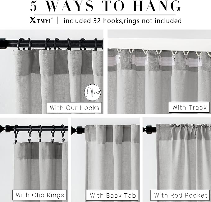 XTMYI Grey 63 Inch Length 2 Panels Back Tab/Hook Belt Linen Cotton Sheer Curtains for Bedroom,50 Inch Wide