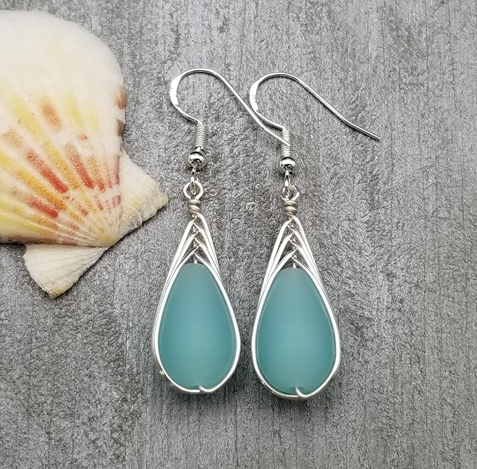 Handmade Sea Glass Earrings, Hawaiian Jewelry, Wire Braided Earrings Teardrop Earrings, Beach Jewelry Sea Glass Jewelry For Women Birthday Gift