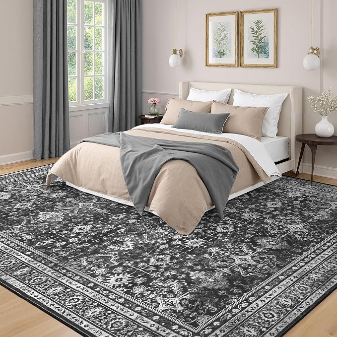 Lofus 9x12 Area Rug for Living Room,Black Washable Area Rugs with Non-Slip Backing,Soft Boho Carpets for Bedroom Dining Room Home Office Indoor Nursery