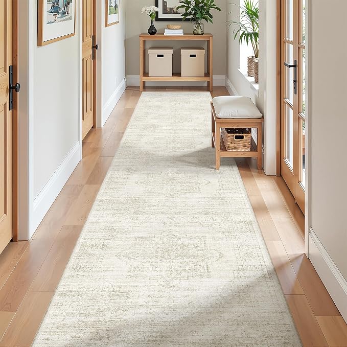 2x10 Runner Rug Non Slip,Washable Hallway Runner Rug,Beige | Long Neutral Rugs for Kitchen,Entryway,Bedroom,Bathroom,Laundry Room,Thin,Soft Runner Rug,Stain Resistant Indoor Carpet
