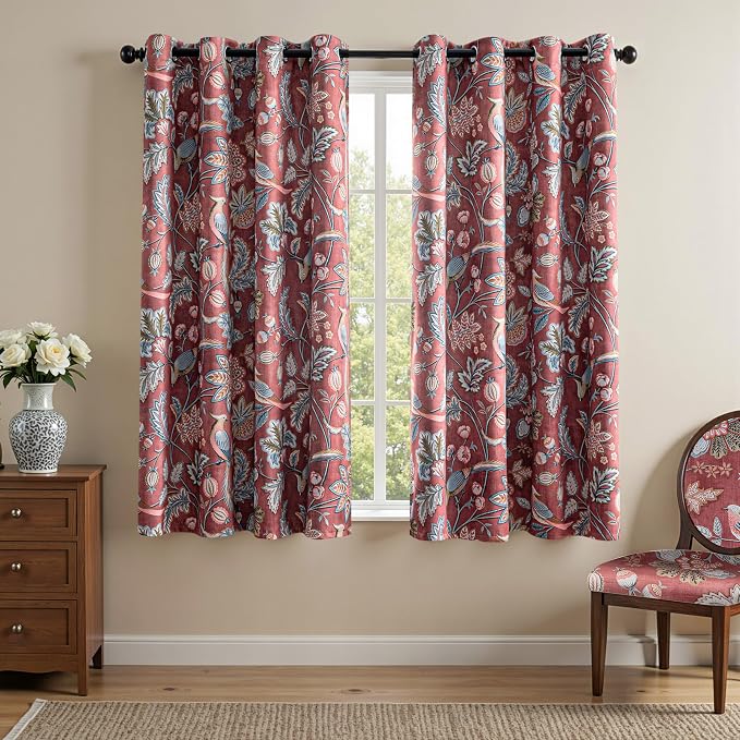MYSKY HOME Terracotta Boho Floral Blackout Curtains 63 inch Long for Living Room Darkening Thermal Insulated Vintage Farmhouse Bedroom Curtain with Flower Bird Patterned Grommet Drape, 2 Pcs, 52"x 63"