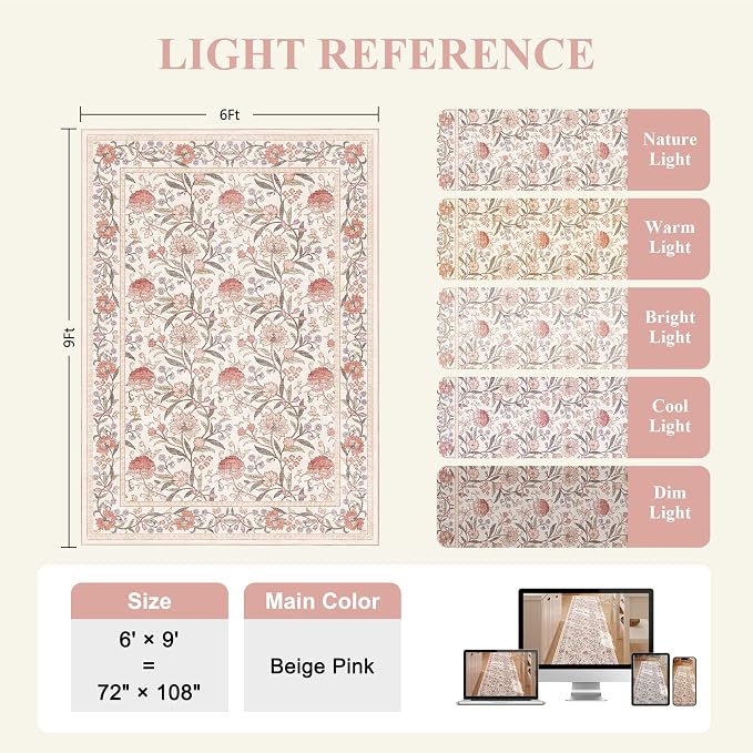 DUKINO 6x9 Area Rug Vintage Floral Washable Rugs for Living Room Beige Pink | Non Slip, Low Pile, Non-Shedding, Stain Resistant Soft Large Carpet for Bedroom Home Office Dining Room Farmhouse, Home Decor