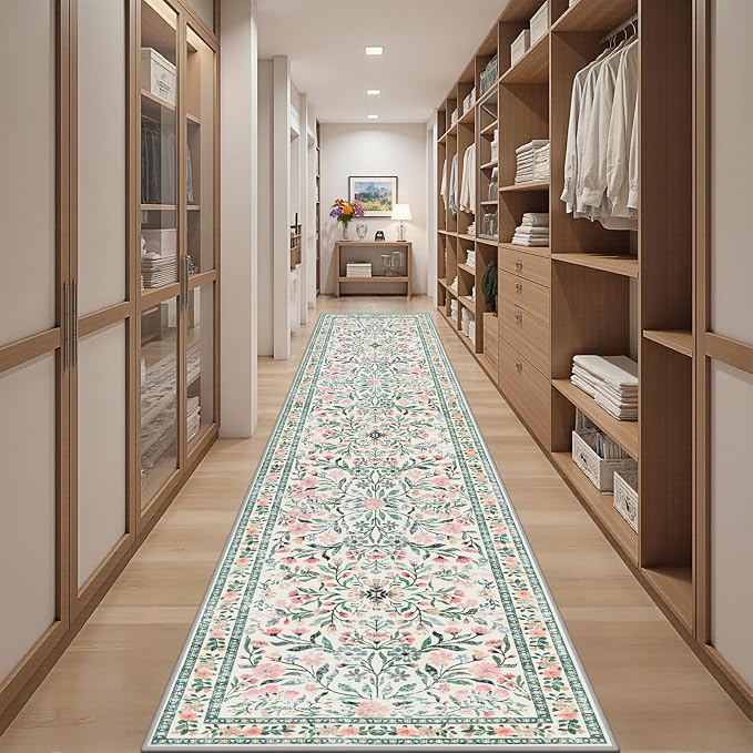 Runner Rug for Entryway: 2.6x14 Kitchen Rugs Non Slip Washable Ultra-Thin Soft Floral Carpet Indoor Floor Stain Resistant Carpets for Hallway Bedroom Kitchen Laundry Bathroom Dorm Green/Beige