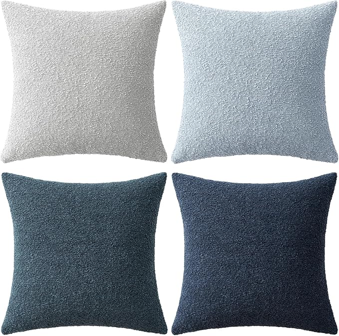 MIULEE Decorative Boucle Throw Pillow Covers 18x18 Inch Blue Set of 4 | Neutral Textured Accent Pillow Cases Soft Couch Cushion Covers for Modern Farmhouse Boho Sofa Bed Livingroom Home Decor