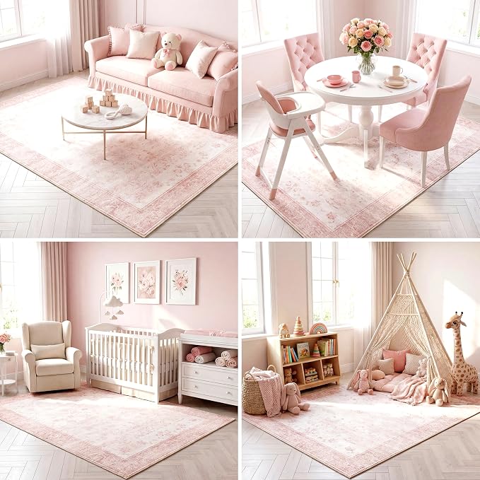 Washable Vintage Floral Area Rug, 0.3” Low Pile, Non-Slip Cotton-Backed Silicone Grip, Stain Resistant Soft Carpet for Nursery Girls Bedroom Playroom, 5'x7', Blush Pink/White