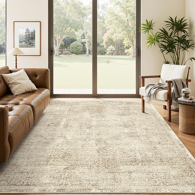 Soalmost 5x7 Area Rugs Brown Low Pile Indoor Washable Trendy Faded Style Floral Rugs for Bedroom Living Room Dining Room Foldable Non-Slip Thin Print Mat