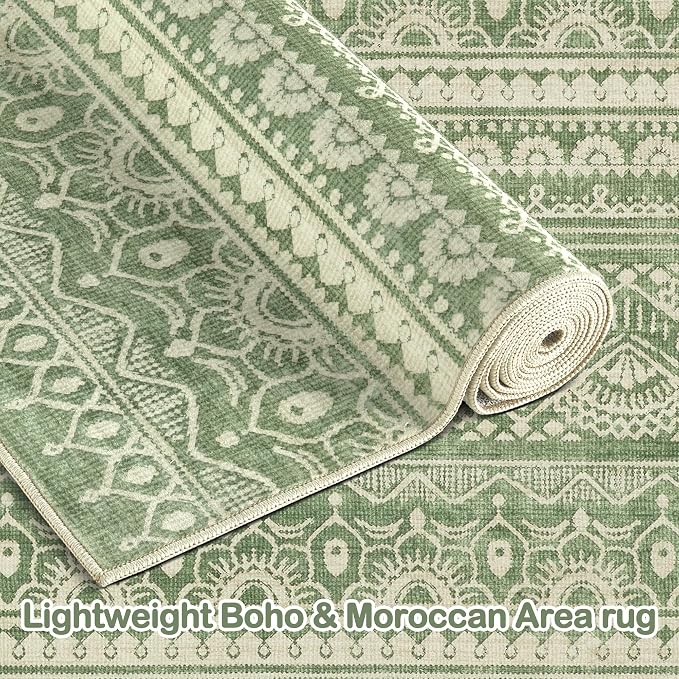 Tortania Area Rug Living Room Rugs - 10x12 Washable Large Soft Neutral Boho Moroccan Bohemian Farmhouse Rug Indoor Floor Carpet for Bedroom Under Dining Table Home Office Decor - Green