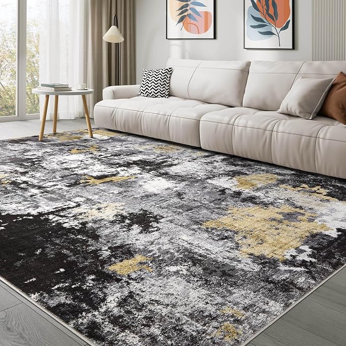 Abstract 12x18 Area Rug: Machine Washable Non Slip Ultra Thin Low-Pile Carpet, Soft Stain Resistant for Living Room Bedroom Office, Kid Pet Friendly, Robot Vacuum Compatible - Black Gold