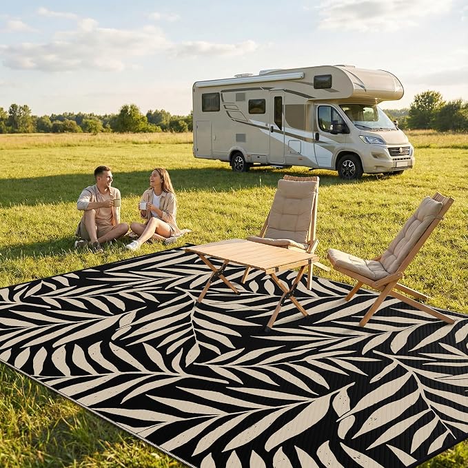 Smiry Outdoor Rug 9x12 ft, Waterproof Reversible Plastic Straw Rugs, Outdoor Area Rug with Leaf Pattern, Outside Floor Mat for Patio, Backyard, Deck, Picnic, Beach, Camping, Black & Beige