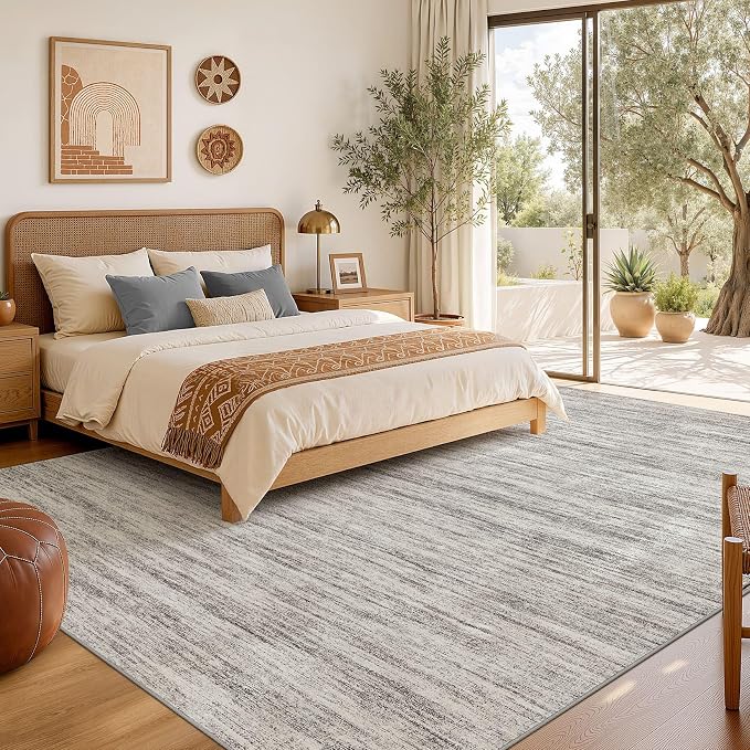 Nakagishi 10X12 Area Rugs Living Room: Washable Large Vintage Rug Neutral Non-Slip Soft Stain Resistant Indoor Carpet for Bedroom Nursery Dining Room Office Playroom - Grey