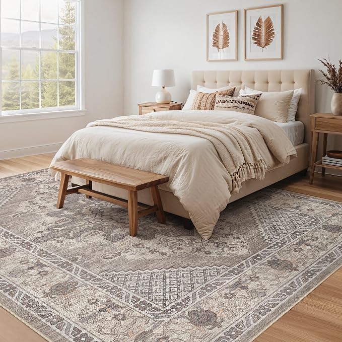 Tortania Area Rug Living Room Rugs - 9x12 Washable Boho Rug Vintage Oriental Distressed Farmhouse Large Thin Indoor Carpet for Living Room Bedroom Under Dining Table Home Office - Taupe Brown