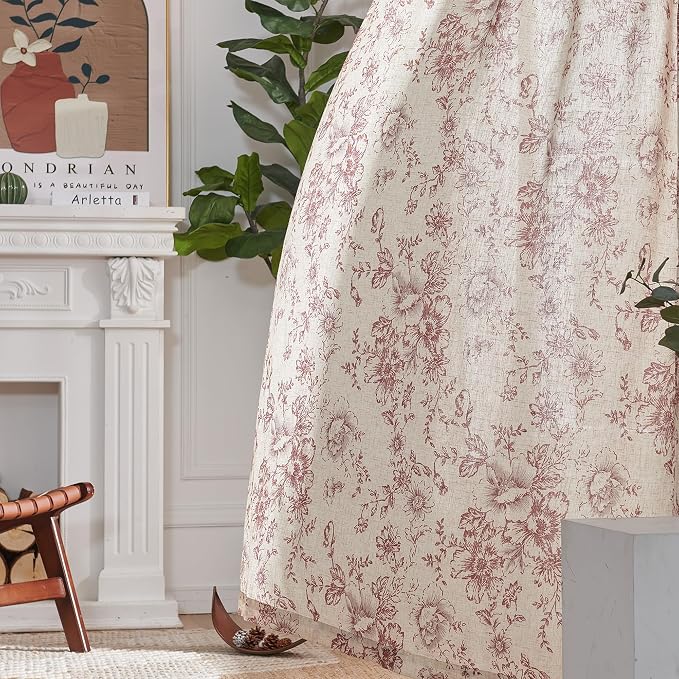 jinchan Red Floral Linen Curtains 90 Inch Vintage Back Tab 2 Panels | Light filtering drapes, semi sheer, farmhouse, cottagecore, rustic, living room, bedroom, rod pocket, window treatment