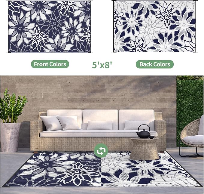 GENIMO Outdoor Rug, Waterproof Plastic Rugs for Patio, 5'x8' Ocean White | Outside Larger Leaf Carpet Mat for Porch Decor, Deck, Balcony, Camping, RV, Backyard, Picnic, Beach, Reversible, Foldable