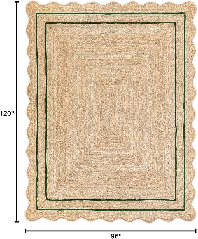 Wave Scalloped Natural Jute Runner Boho Jute Entryway Farmhouse Scallop Rug, Green (8'x10'')