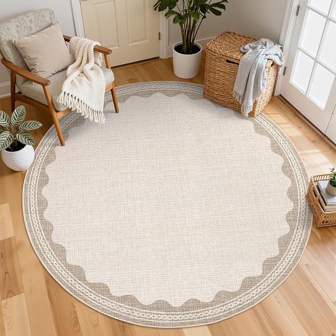 GarveeHome Scalloped Beige 6ft Round Rug Washable Non-Slip Soft Ultra-Thin Small Circle Modern Cottage Core Solid Carpet for Entryway Kitchen Bedroom Nursery Dining Room