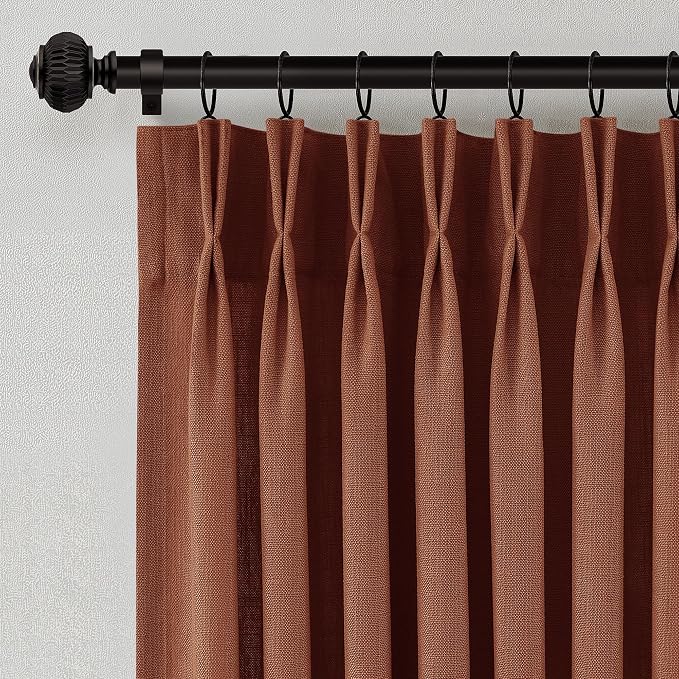 Terracotta Burnt Orange Thick Linen Curtains Pinch Pleated 90 Inch Length 2 Panels for Living Room Bedroom Semi Sheer Light Filtering Heavy Linen Drapes