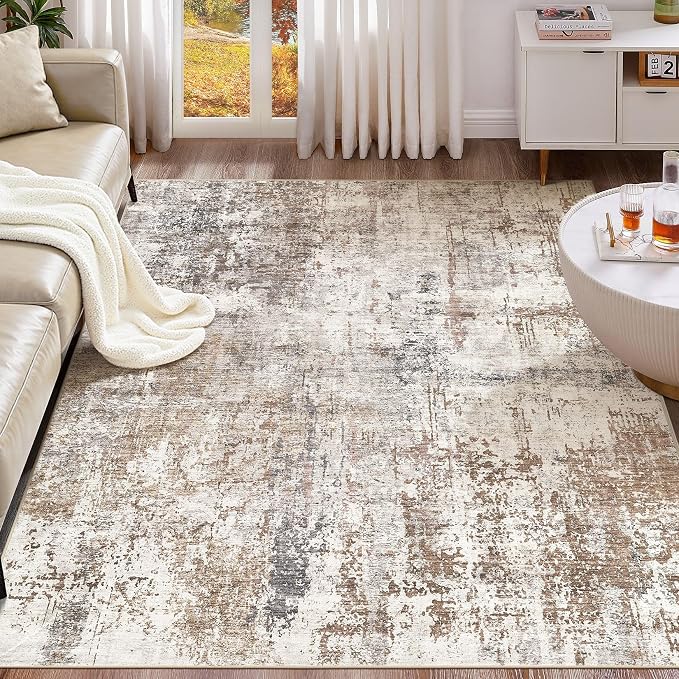 UERMEI 10x12 Washable Area Rug - Neutral Modern Abstract Living Room Rugs, Non-Slip Soft Large Indoor Floor Carpet for Bedroom Home Office & Under Dining Table Decor, Brown/Grey/Red