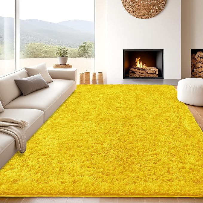 8x10 Yellow Fluffy Shag Area Rugs for Living Room Bedroom Nursery | Ultra Soft Comfy, Large Fuzzy Shaggy Plush Carpet for Nursery Girls Teen Dorm, Modern Indoor Home Decor, Upgrade Non-Slip