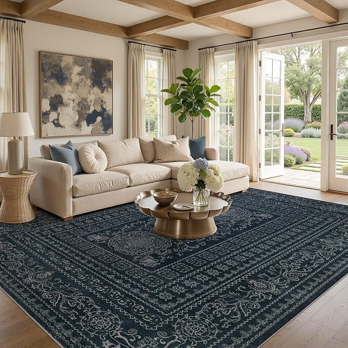 Nakagishi 7x10 Area Rugs Living Room: Washable Large Vintage Rug Neutral Non-Slip Soft Stain Resistant Indoor Carpet for Bedroom Nursery Dining Room Office Playroom - Navy