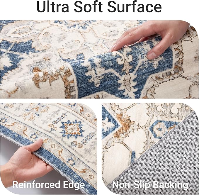 befbee 5x7 Area Rug for Living Rooms, Stain Resistant Neutral Washable Rugs for Dining Rooms, Floral Vintage Non-Slip Thin Large Size Area Rugs(Blue)