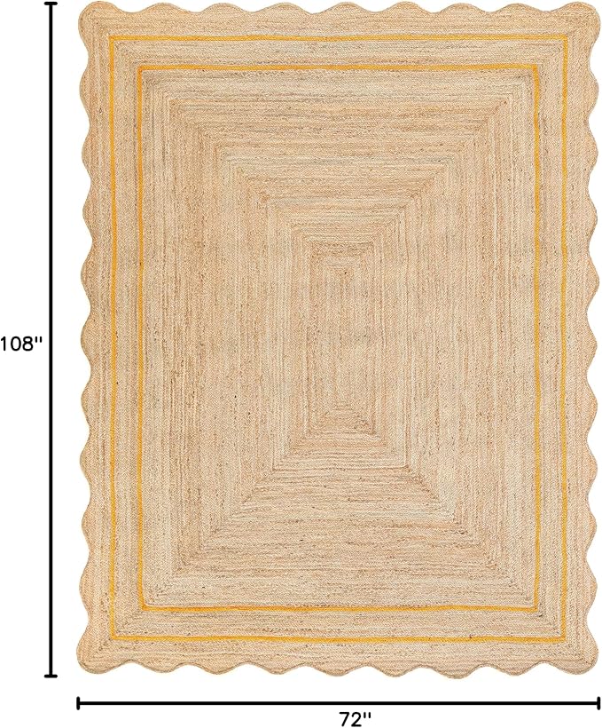 Wave Scalloped Natural Jute Rug - Boho Entryway Runner, Farmhouse Scallop, Yellow (6'x9')