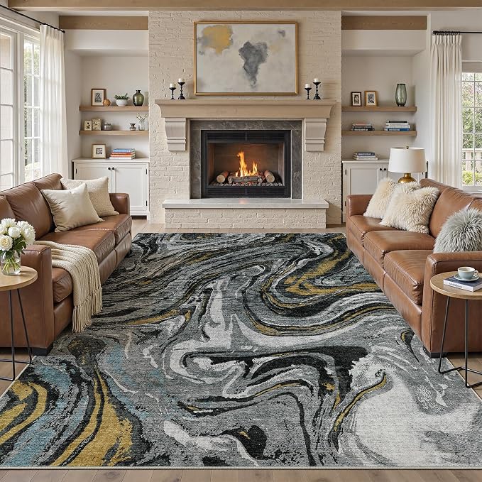DMOYEST 10x12 Area Rug for Living Room-Washable Neutral Modern Abstract Rugs Soft Non-Slip Carpet Low Pile Indoor Floor Mat for Bedroom & Dining Room Decor for Families with Kids and Pet-Black Golden