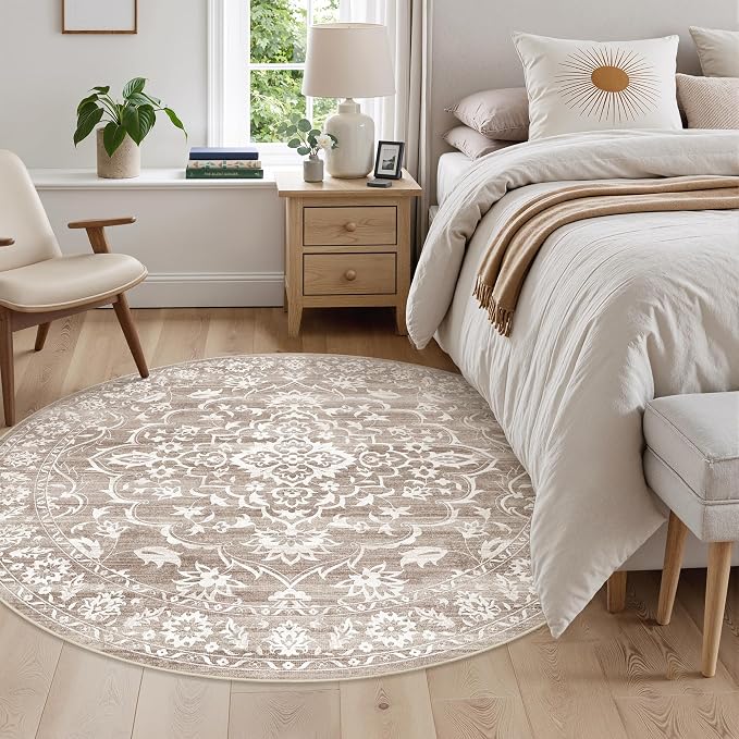 Soalmost Washable Round Rug 5ft for Living Room,Soft Circle Rug Light Brown | Vintage Floral Ultra-Thin Non-Slip 5x5 Round Throw Carpet for Entryway Nursery Bedroom Kitchen Dining Room 5'Round