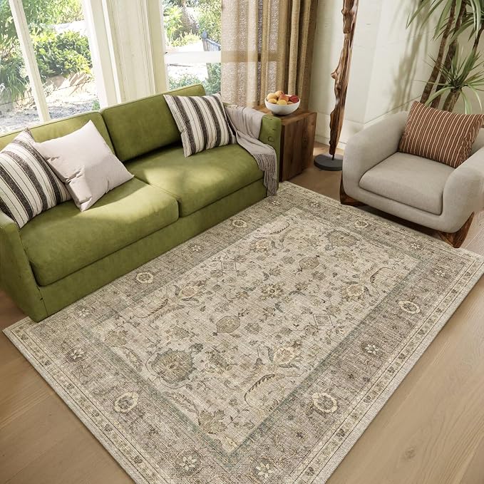 Washable 4x6 Rugs, Boho Vintage Non-Slip Distress Rugs, Flaxen/Tan | 0.3" Neutral Throw Rugs for Bedroom Kitchen Nursery Living Room, Cushioned Area Rug for High-traffic