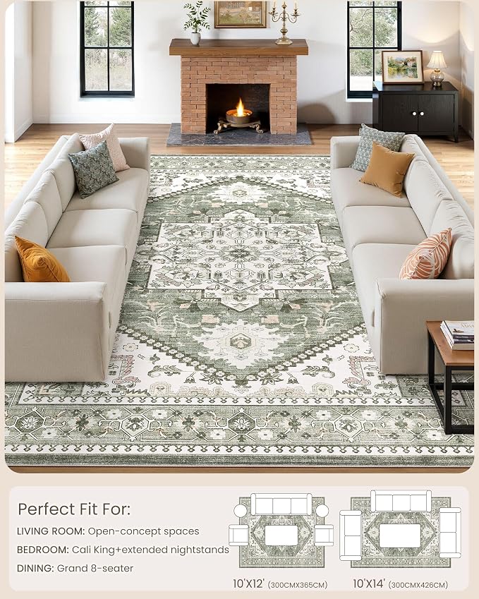 10x14 Vintage Area Rug: Washable Neutral Soft Non Slip Thin Large Floor Carpet for Living Room Bedroom Kitchen Dining Room Home Office Farmhouse Indoor - Green