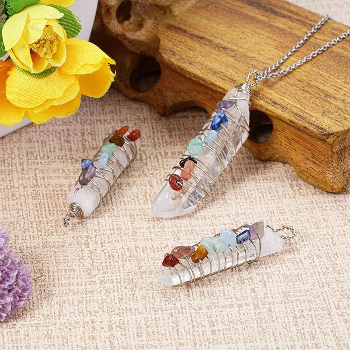GEHECRST Natural Raw Clear Quartz Point Pendant Necklace Reiki 7 Chakra Healing Crystal Gemstone Chips Rose Gold Copper Wires Wrapped Necklace for Men, Women
