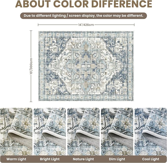 zesthome 10x14 Area Rugs-Washable Rug for Living Room, Non-Slip Backing Rugs, Stain Resistant 10x14 Rug for Bedroom, Ultra-Thin Low Pile Rugs, Vintage Large Home Decor