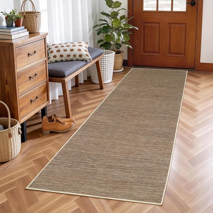 GarveeHome Easy Jute Runner Rug 2x8 Washable Non Slip Hallway Runner Rugs | Stain Resistant Low Pile Kitchen Throw Carpets Modern Solid Runners for Bedroom Nursery Entryway Living Room Dorm, Brown