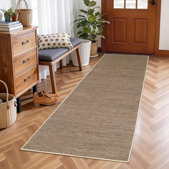 GarveeHome 2x6 Runner Rug for Hallway Modern Solid Washable Kitchen Rugs | Non Slip Stain Resistant Braided Living Room Throw Carpet Low Pile Easy Jute Rugs for Bedroom Kitchen, Brown