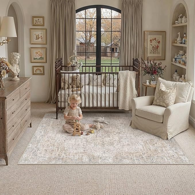 HUGEAR Beige Area Rugs 4x6 Washable Rug Indoor Carpet | Living Room Rug,Vintage Rug,Bedroom,Dining Room,Office,Farmhouse,Non-Shedding,Non Slip,Low Pile,Soft
